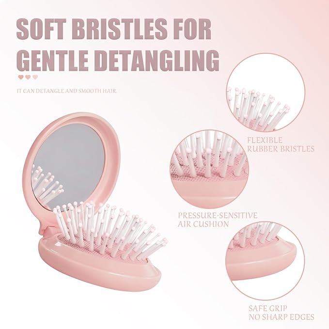 Folding Hair Brush with Compact Mirror, 2-in-1 Mini Hairbrush for Travel - Foldable Portable Pocket-Sized, Detangling Brush with Soft Nylon Bristles for Purse, Backpack, Women & Girls on The Go