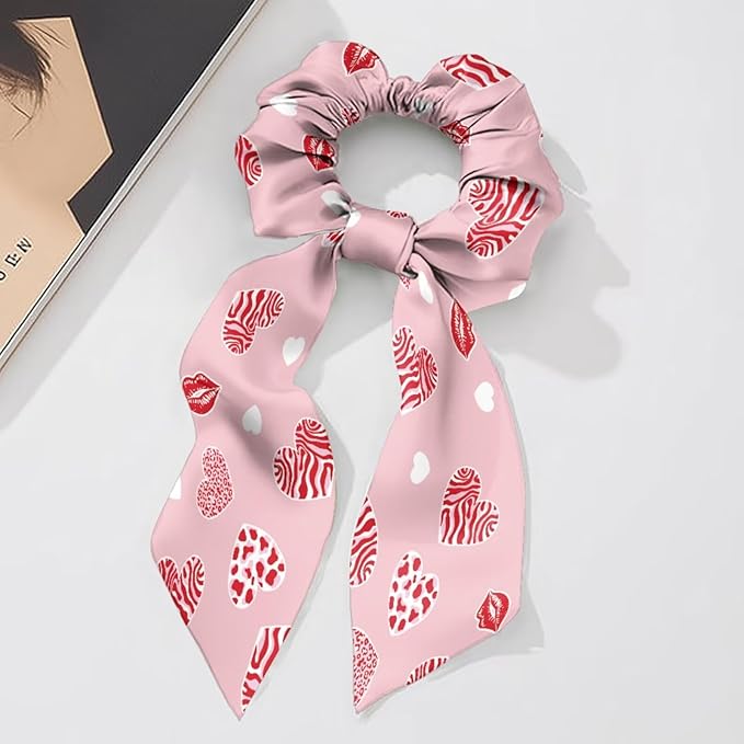 2 Piece Heart Print Ribbon Bow Elastic Hair Ties for Women Trendy Knotted Bow Valentine's Day Hair Scrunchies Soft Scarf Scrunchy with Flowing Tails