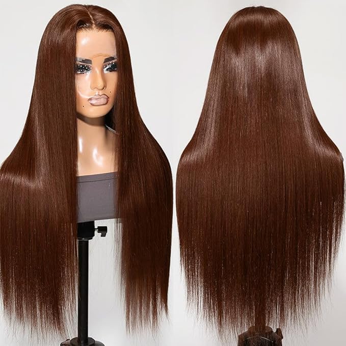 Hermosa 13x4 Chocolate Brown Lace Front Wigs Human Hair 180% Density Straight Chocolate Lace Frontal Human Hair Wig Pre Plucked Hairline 4# Brown Wig 16 Inch