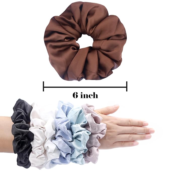 IVARYSS Big Scrunchies for Women Thick Hair, Premium Satin Softer than Silk, XL 6 Inch Extra Large Scrunchy Elastic Hair Bands Accessories, 6 Pack, Black