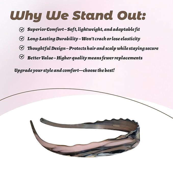 Acetate Hairbands for Women - Non-Slip Thin Headbands with Teeth, Eyewear-Friendly Design, 90s Retro Hair Accessories, No Pressure & No Headache Sunglasses Headband（Black & Pink）