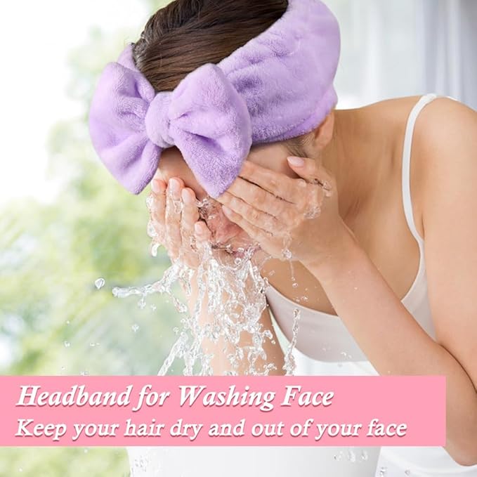 Shintop Spa Headband, Soft Makeup Headband with Cute Bow Elastic Face Wash Hairband for Skincare Facial Mask Showers（Purple）