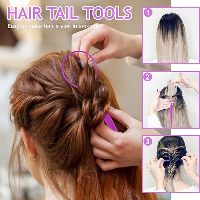 TsMADDTs 3Pack Hair Loop Tool Set with 2PCS French Braid Tool Loop 1PCS Rat Tail Comb Metal Pin Tail Braiding Comb for Hair Styling, Purple