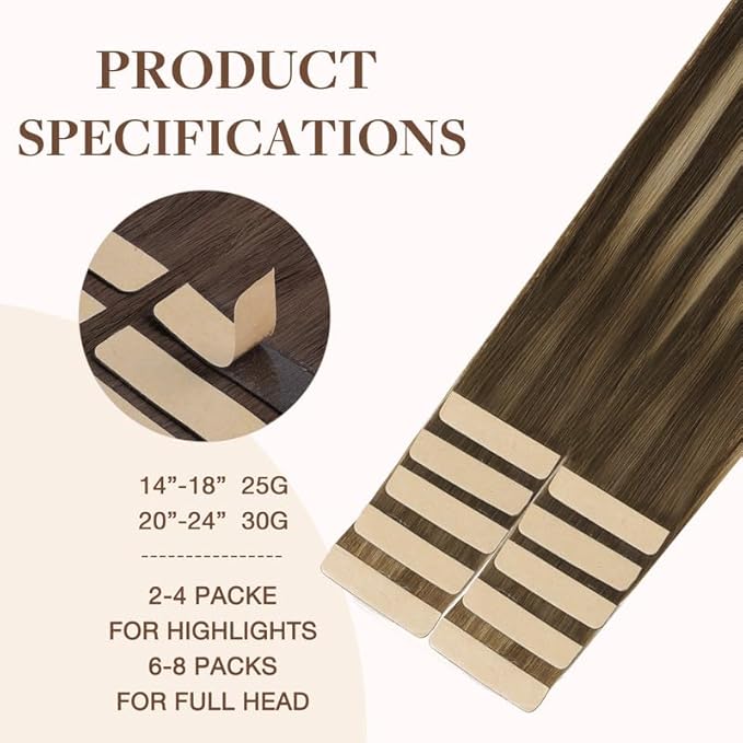 GOO GOO Tape in Hair Extensions Tape 201, 4/26/4 Balayage Chocolate Brown to Honey Blonde, 14inch 25g 10pcs