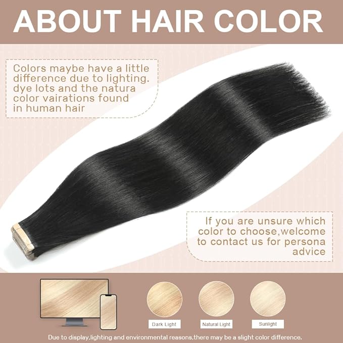 Tape in Hair Extensions Human Hair Jet Black 22 Inch 20Pcs Tape Ins for Women Straight Invisible Seamless Remy