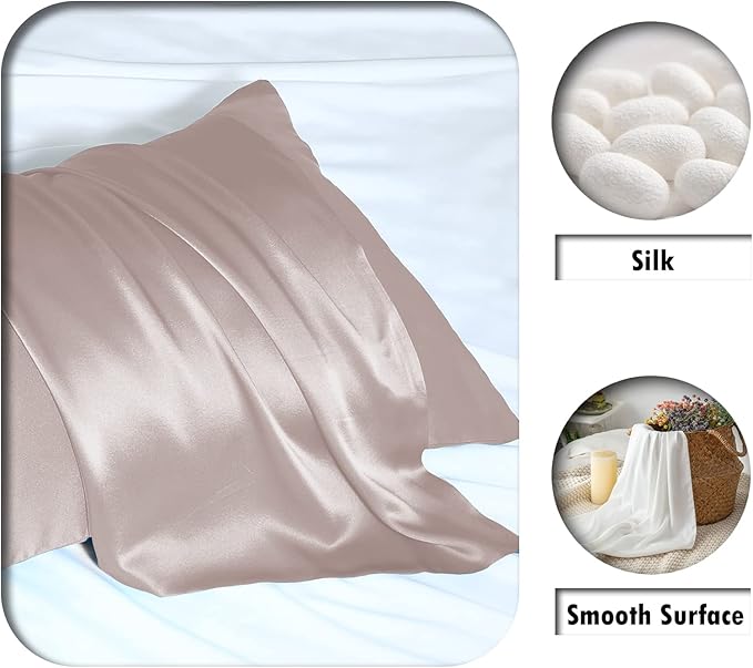 Natural Mulberry Silk Pillowcase for Hair and Skin Queen Size 20"X30" Silk Pillow Case with Hidden Zipper Soft Breathable Smooth Cooling Silk Pillow Covers for Sleeping(Apricot Gray,Queen,1Pcs)