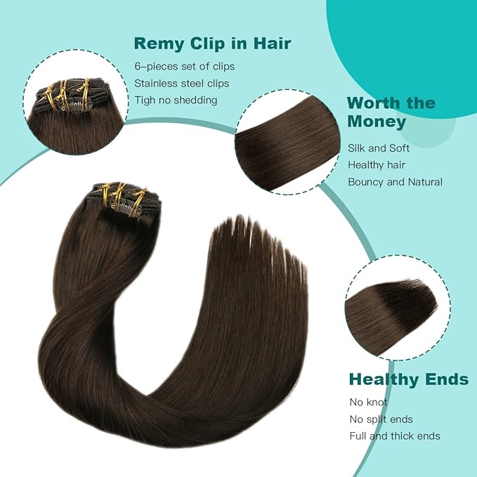 SURNEL Clip in Extensions Human Hair 6pcs 22inch 120g Dark Brown Human Hair Clip in Hair Extensions (#2,22'')