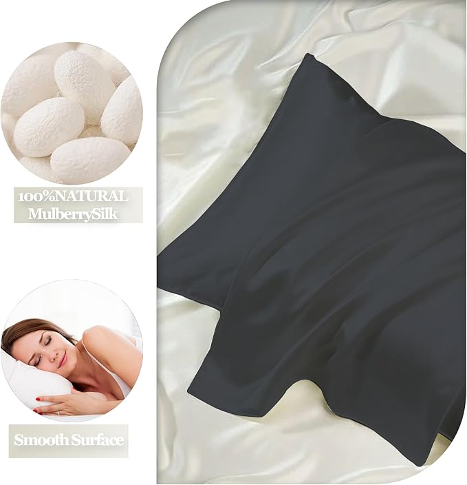 Set of 2 100% Silk Pillow Cases Queen - 6A Luxury Mulberry Silk Pillowcase for Hair and Skin - Anti-Wrinkle, Cooling & Smooth, Hidden Zipper - Pillowcases for Sleeping Women Girl, Boy, Black