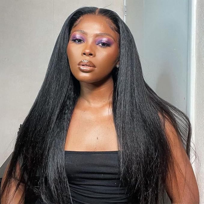 GOLFMAX 22 Inch Yaki Straight Lace Front Wigs Human Hair Wigs 13x4 Transparent Lace Front Human Hair Wig Pre Plucked Kinky Straight Human Hair Lace Frontal Wigs