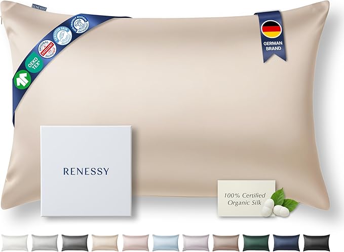 Premium Silk Pillowcase 100% Organic Mulberry Silk, 22 Momme, Grade 6A - Oeko-Tex Certified in Germany - Luxury for Hair & Skin, 1 Piece (Standard Size 20x26 Inches, Champagne)