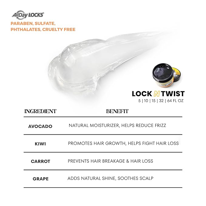 AllDay Locks Lock N Twist (15 oz) | Supreme Hold, No Frizz or Flaking | Hydrating, Nourishing Locking Gel | Grape & Avocado-Infused | Lock & Twist Braids, Locks, Twists, Cornrows | 15 oz