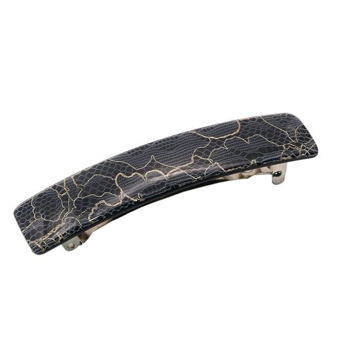 French Amie Oblong Black Net Large 3 1/2" Handmade Celluloid Made in France Automatic Strong Grip Hair Barrette for Women and Girls (Black Net)