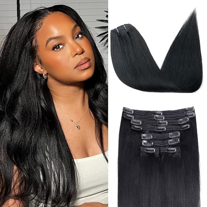 Yaki Straight Clip in Hair Extensions Real Human Hair 8Pcs Brazilian Human hair Clip ins for Black Women, Natural Soft Human Hair 120g 16inch #1B Natural Black