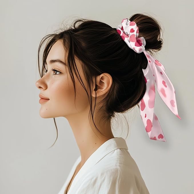 Pack of 2 Love Heart Pink Scrunchies Hair Ties for Women Red Satin Scarf Scunchies Valentine's Day Theme Bow Hair Ties with Long Tails for Yoga Sport