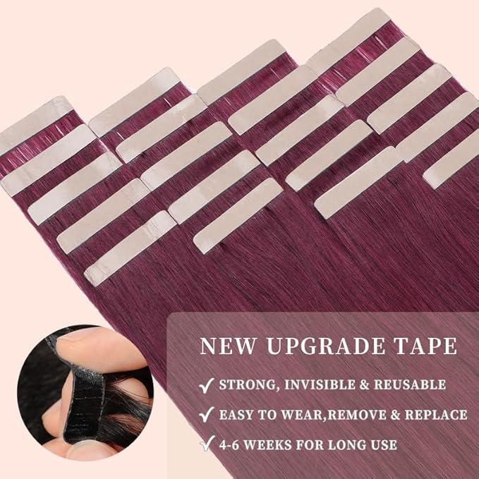Tape in Hair Extensions Human Hair 18 Inch Burgundy Human Hair Wine Red 99J Invisible Double Sided Tape in Hair Seamless Skin Weft Hair (#A99J,18 Inch)
