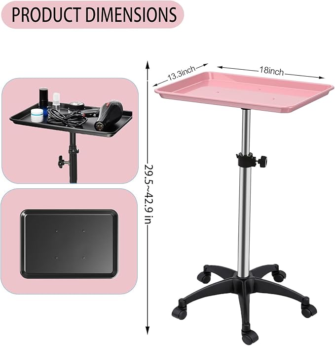 Salon Rolling Tray, Height Adjustable Tattoo Tray Rolling Cart, Storage Utility Trolley for Spa, Beauty Salon Service, Hairdresser Cart with Wheels, Black (Pink)