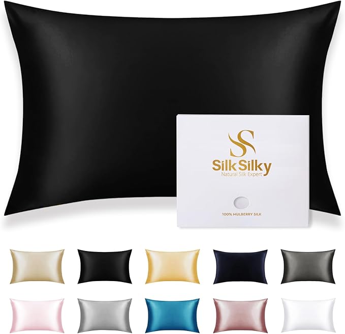 SilkSilky 100% Mulberry Silk Pillowcase - Pure 22 Momme High-Grade 6A Fibers for Hair & Skin, Envelope Closure, Natural, Organic, Breathable & Cooling Pillow Case (Standard, Black)