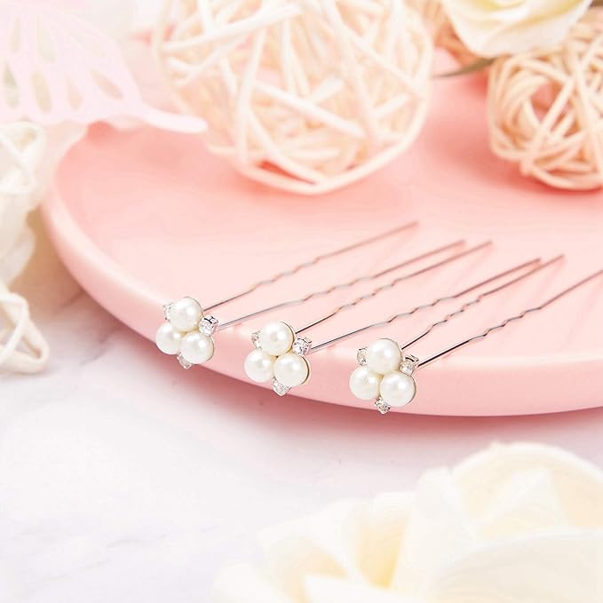 WILLBOND 18 Pcs Pearl Hair Pins Bridal Wedding Hair Accessories Crystal Bobby Pin for Brides Bridesmaids Flower Women Girls(Silver)