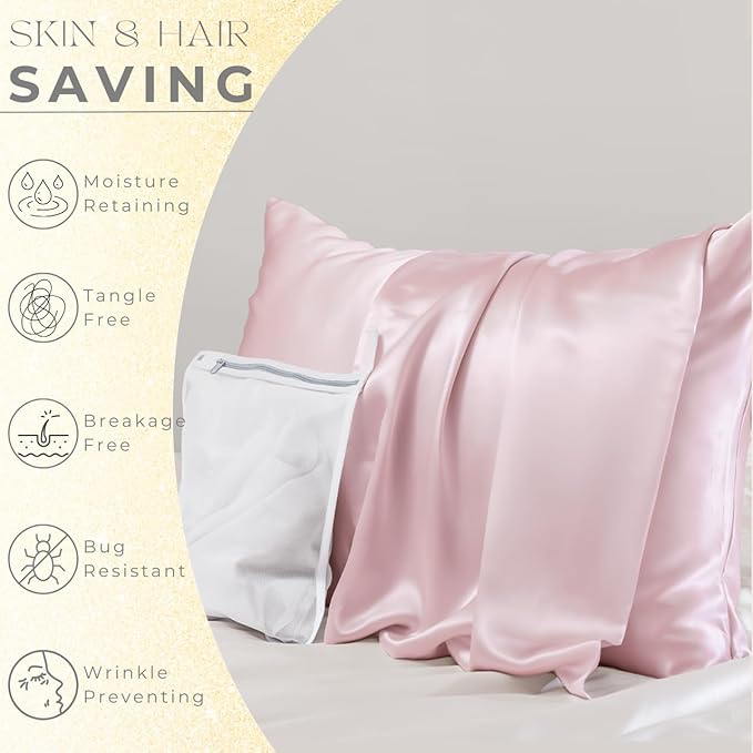 PROMEED 23 Momme Grade 6A+ Pink Silk Pillowcase with Zipper, Premium Mulberry Silk Pillow Cases for Women Hair, Natural Silk Anti Acne Pillowcase (Queen 20"x30", Pink)