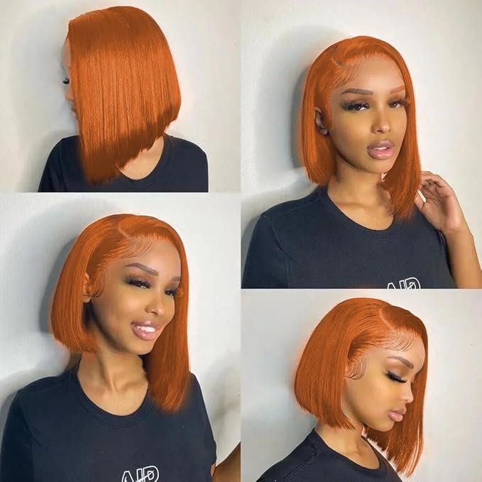 250% Density Ginger Bob Lace Front Wig Human Hair 13x4 Orange HD Lace Closure Human Hair Wig Pre Plucked with Baby Hair Short Ginger Straight Bob Colored Wig for Women 12 Inch