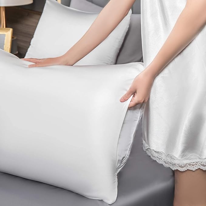 Mulberry Silk Pillowcase for Hair and Skin,Queen Size Cooling Silk Pillow Case with Hidden Zipper,Allergen Proof Dual Sides Soft Breathable Smooth Silk Pillow Cover for Women(Queen,White)