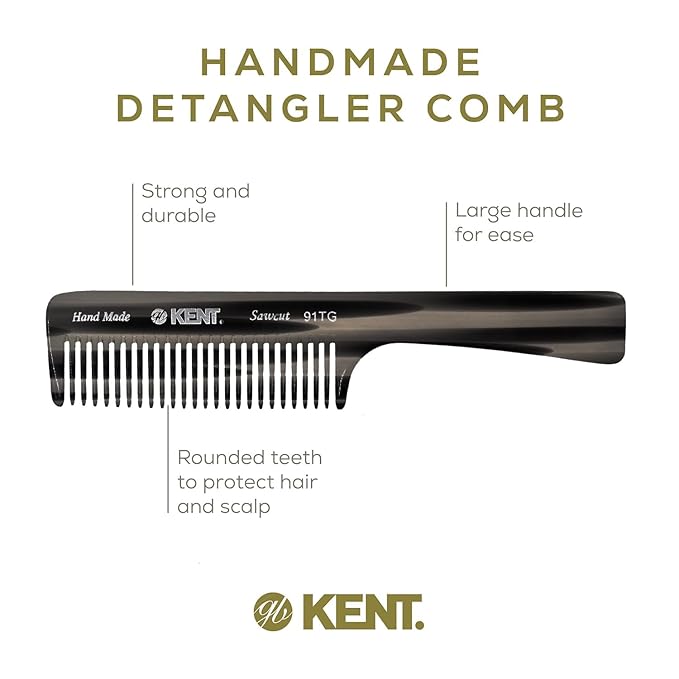 Kent 91T Black Graphite Wide Tooth Detangler Hair Comb for Curly and Wavy Hair - for Women and Men, Large Handle Shower Comb for Effective Detangling for Wet Hair, Handmade Polished