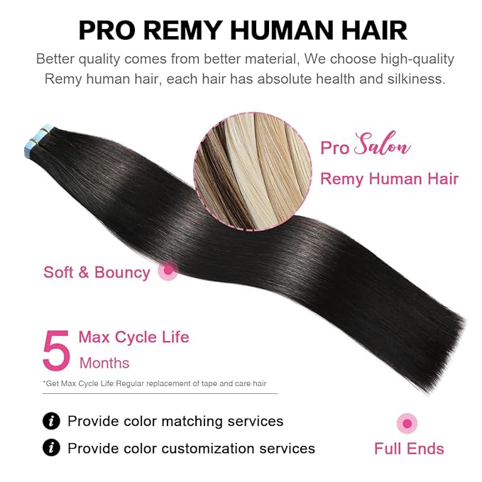 SUYYA Tape in Hair Extensions 100% Remy Human Hair 16 inches 20pcs 40g/pack Straight Seamless Skin Weft Tape Hair Extensions Natural Black(16 inches #1B Off Black)