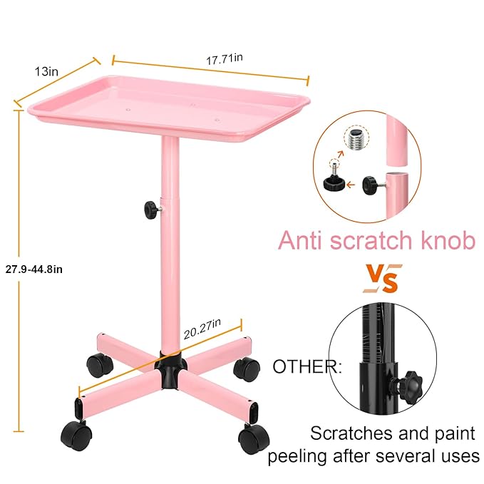 JOSTZHXIN Salon Tray, Height Adjustable Salon SPA Service Tray, Hairstylist Rolling Tray, Premium Aluminum Tattoo Tray, Pink Rolling Trolley