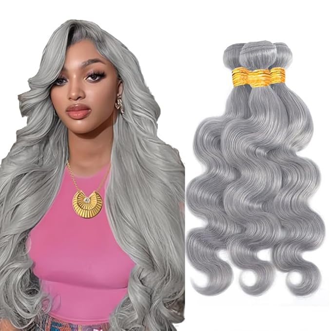 Silver Bundle Human Hair Grey Body Wave Bundles Niegmeag Brazilian Virgin Remy Hair 3 Bundles 26 28 30 Inch Double Weft Soft And Silky Gray Body Wave Bundle
