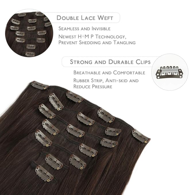WENNALIFE Clip in Hair Extensions Real Human Hair, 20 Inch 120g 7pcs Dark Brown to Chestnut Brown and Dirty Blonde Highlighted Clip In Human Hair Remy Clip in Hair Extensions Double Weft