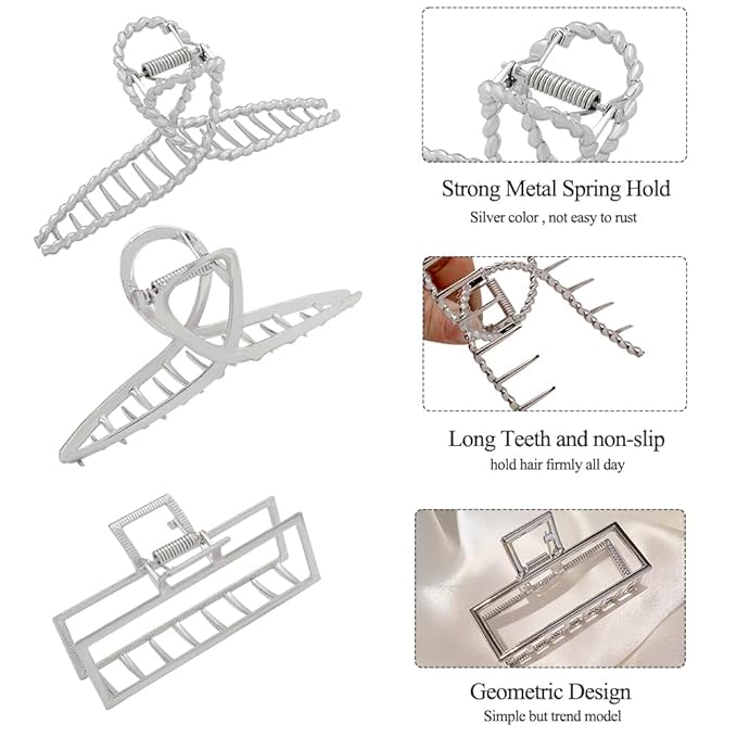 3pcs Hair Claw clips for Women, Metal Silver Large Hair clips for Thick Thin Hair, Geometric Cross Square Jumbo Catch Barrette Clamps, Fashion Hair Accessories Nonslip Hairgrip
