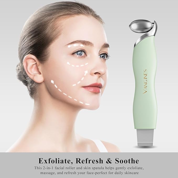 Blackhead Scraper Tool & Skin Scrubber Face Spatula for Blackhead Removal, Pore Cleaning, with Cooling Ice Roller & 2 Silicone Brush Heads (Sage Mist)