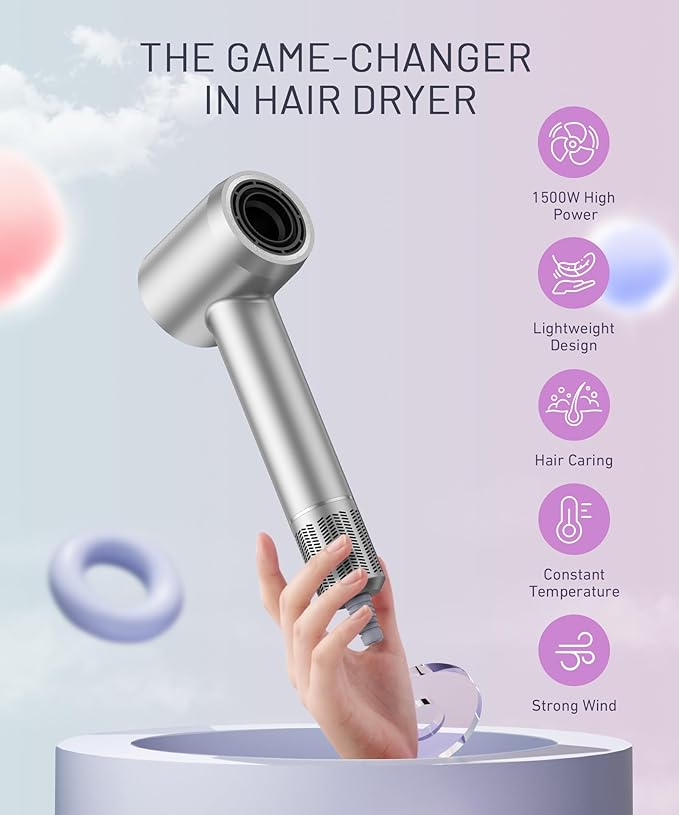 Cosy Companions Hair Dryer - 150000 RPM High-Speed Brushless Motor Negative Ionic Blow Dryer for Fast Drying, Low Noise Thermo-Control Hair Dryer with Diffuser and Nozzle, Silvery