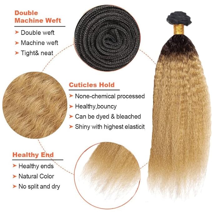 1B27 Human Hair Bundles Ombre Kinky Straight Bundles 20 22 24 Inch Niegmeag Virgin Remy Hair Extensions Double Weft 2 Tone Black and Honey Blonde Bundle 150g