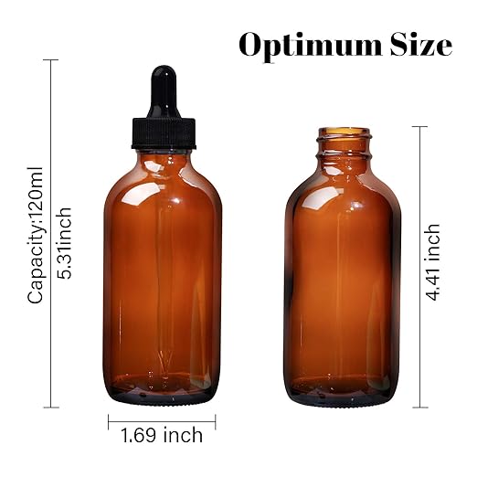 12 Pack 4oz Amber Glass Bottles with Glass Eye Droppers for Essential Oils, Perfumes & Lab Chemicals (1 Brush, 2 Funnels, 2 Extra Droppers, 24 Pieces Labels & 30ml Measuring Cup Included)
