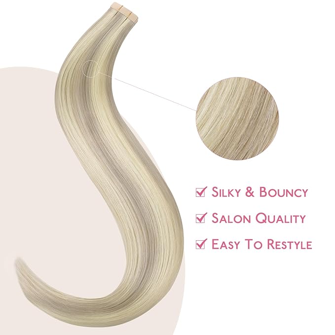 WENNALIFE Tape in Hair Extensions Human Hair Ash Blonde Highlighted Platinum Blonde Tape in Extensions, 10pcs 30g 26 inch Remy Invisible Tape Ins Straight Soft Real Human Hair Tape in Extensions