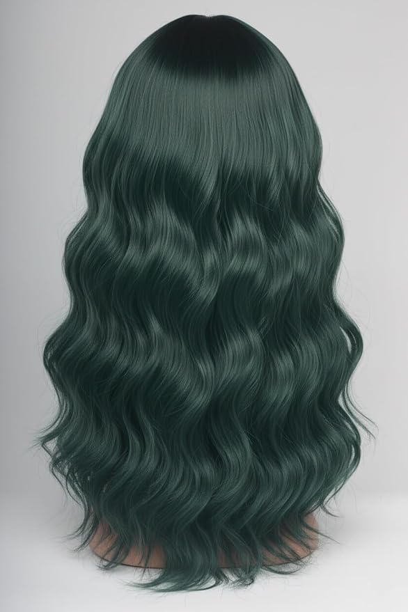 24 Inch Forest Green Wavy Wig with Bangs, Heat Resistant Synthetic Hair for Women, Adjustable Cap with Snap Clips for Daily Use, Wedding, Cosplay