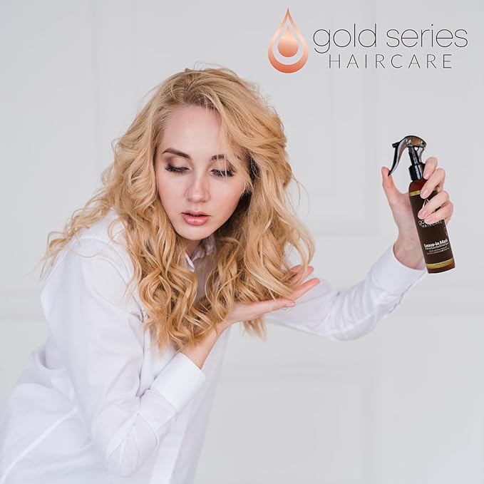Gold Series Leave-In Hair Mask – Argan Oil Hair Mask Enriched with Keratin – Nourishing and Gently Detangling Leave In Conditioner Spray For Curly Frizzy or Damaged Hair, 8.4 Fl.oz