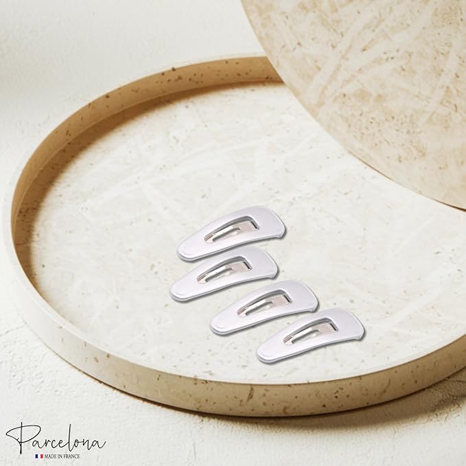 Parcelona French Mini Set of 4 Small Celluloid Acetate Snap Hair Clips No Slip Fashion Durable Styling Women Hair Accessories Girls Snap Hair Barrette, Made in France (Silver)