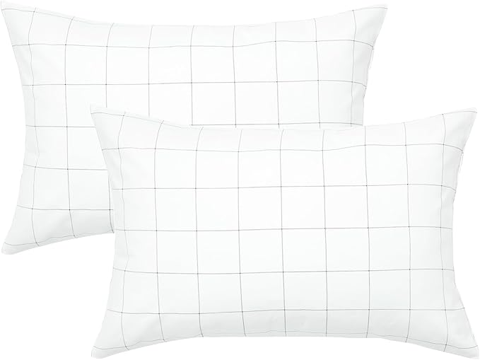 JELLYMONI 100% Natural Cotton Plaid Standard Pillowcases Set, 2 Pack White with Black Grid Geometric Pattern Printed Pillow Covers with Envelope Closure(Pillows are not Included)