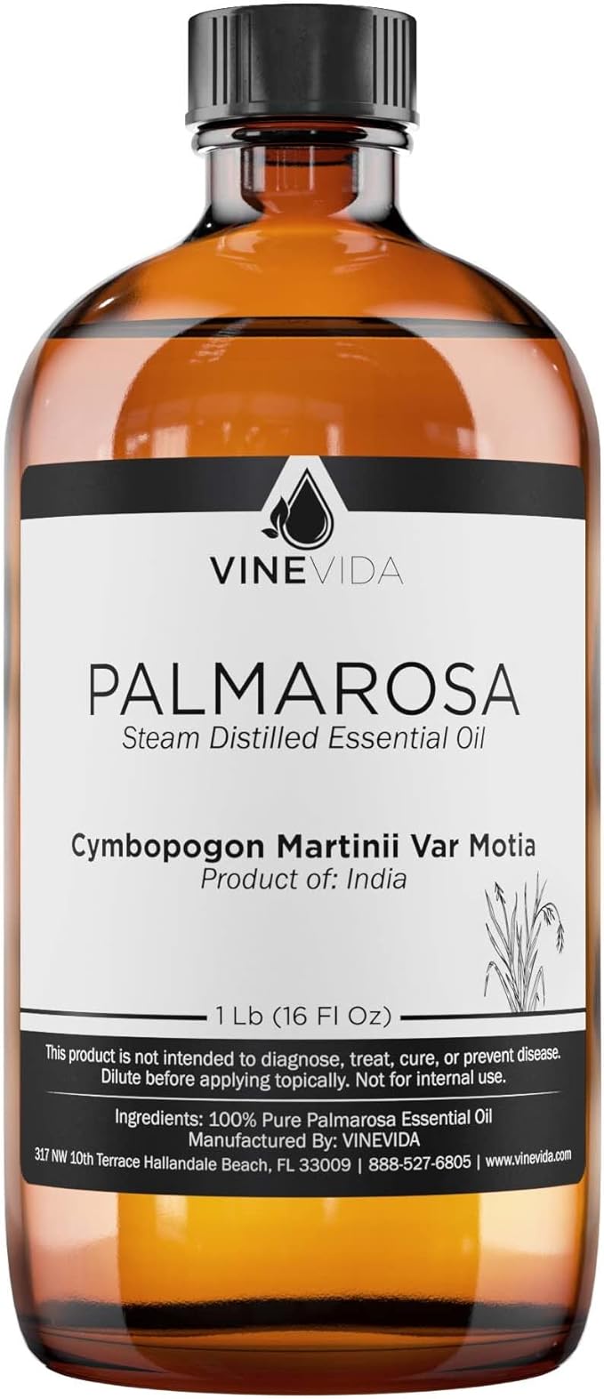 VINEVIDA Palmarosa Essential Oil - 16 oz - Undiluted - DIY Candle Scents - Bulk for Soap Making & Skin Safe
