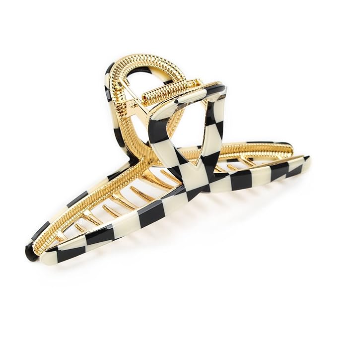 FAELBATY Hair Clip, Acetate Metal Claw Clip for Women, Strong Hold Claw for Heavy Hair, Checkerboard Pattern, 4.5" Jaw Clamp, Large Hair Accessories for Long Thick Hair