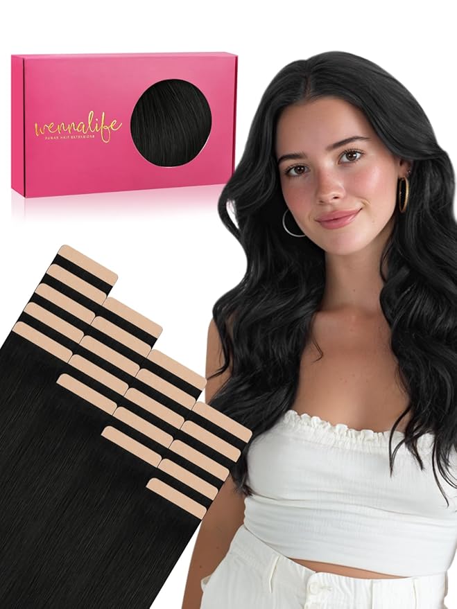 WENNALIFE Fuller Tape in Hair Extensions Human Hair, 20 inch 20pcs 80g Jet Black Remy Hair Straight Tape in Extensions Thicker Skin Weft Tape Ins Extensiones De Cabello Humano