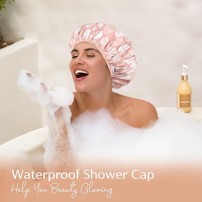 Yanibest Shower Cap Reusable Waterproof - Double Layer Shower Caps for Women, Washable Shower Bonnet with Soft Non-Slip Elastic Band, Bath Hair Hat for Most Hair Types