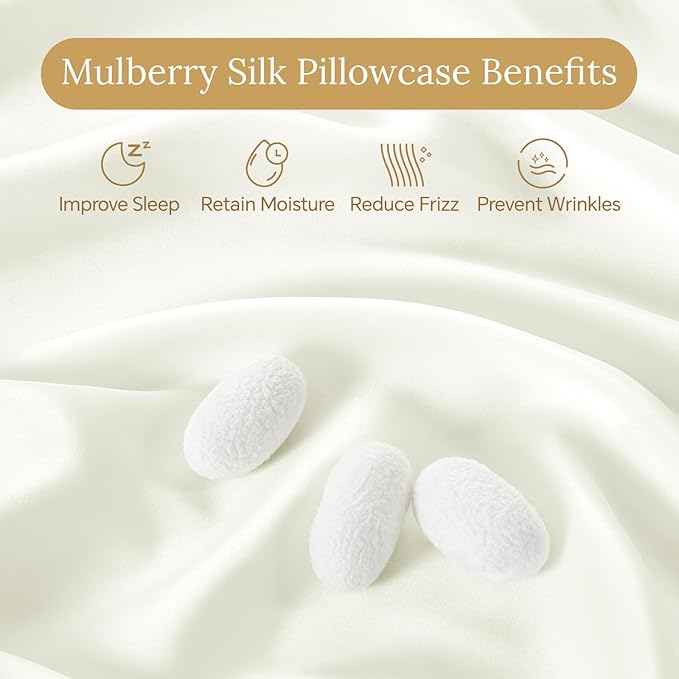 INFIIXSO Mulberry Silk Pillowcase for Hair and Skin, Silk Pillow Cases Queen Size Set of 2 with Hidden Zipper 20"x30", Ultra Smooth and Soft Cooling Pillow Cases for Hot Sleepers(Cream, 2 Pack)
