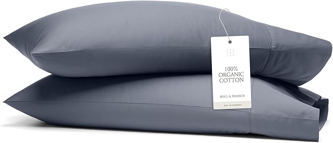 Boll & Branch Signature Hemmed Pillowcase Set - Standard, Mineral - Luxury 100% Organic Cotton - Buttery Soft and Breathable - Softer with Every Wash - 2 Pillowcases Included