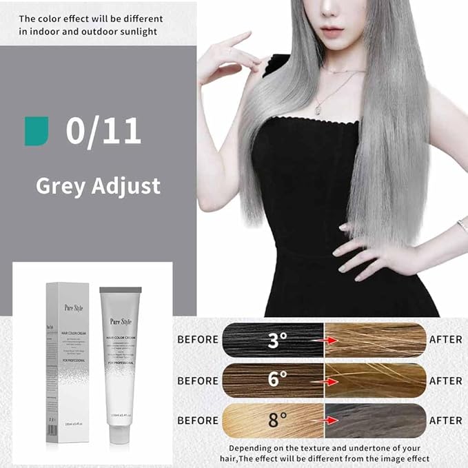 PureStyle 100g Professional Permanent Hair Color Dye Cream Ammonia Free, Long Lasting Grey Color, Natural Shine, For All Hair Types Easy At Home Application (0/11 Grey)