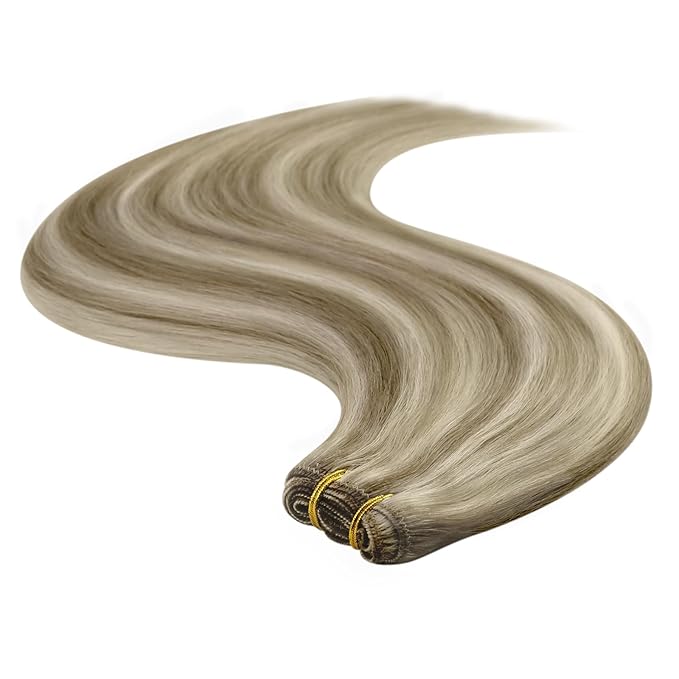 YoungSee Human Hair Sew in Extensions Highlight Straight Hair Extensions Weft Light Brown with Blonde Highlight Sew in Hair Extensions Real Human Hair for Women 18In 100G