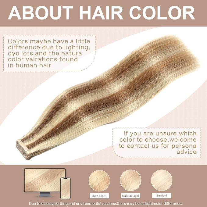 Tape in Hair Extensions Human Hair Chestnut Brown Highlighted Bleach Blonde Hair Extensions 18 Inch 20pcs Remy Straight Human Hair Tape in Extensions Skin Weft Tape Extensions Human Hair