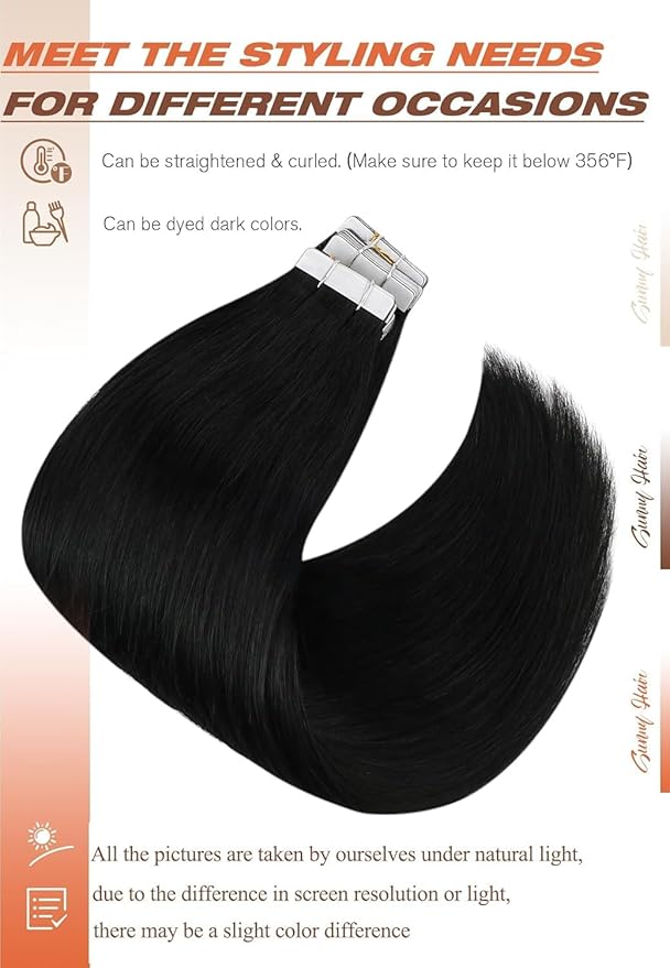 Sunny Hair Tape in Hair Extensions Human Hair 24inch Hair Extensions Real Human Hair Tape in Extensions for Women Jet Black Invisible Remy Hair Natural Straight Skin Weft Double Sided Tapes 20Pcs 50g